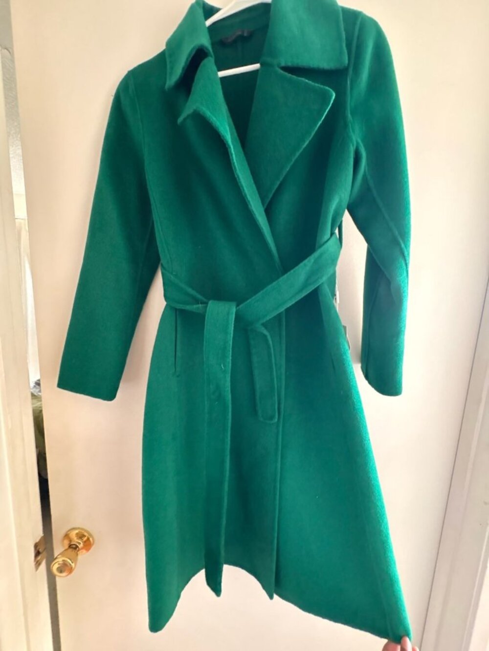 Hangfan Emerald Green 100% Wool Double-Face Long Belted Coat NWT